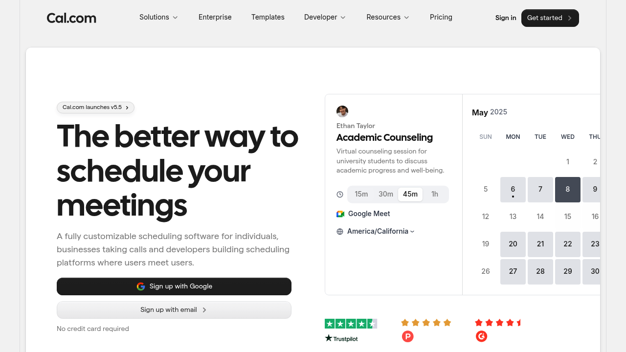 Screenshot of Cal website